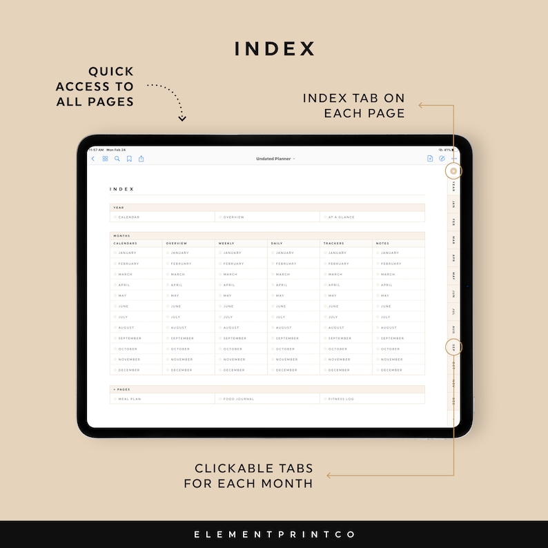 K&ouml;nnte beinhalten: Ein digitaler Planer mit einem monatlichen Index-Tab auf jeder Seite. Der Index enth&auml;lt Tabs f&uuml;r jeden Monat des Jahres, wodurch ein schneller Zugriff auf alle Seiten erm&ouml;glicht wird. Der Planer ist f&uuml;r die undatierte Verwendung konzipiert.