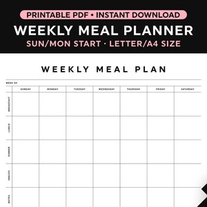 Meal Plan Template, Weekly Meal Planner Printable, Sunday/Monday Start, Landscape, Instant Download