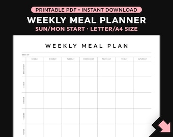 Meal Plan Template, Weekly Meal Planner Printable, Sunday/Monday Start, Landscape, Instant Download