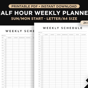 Half Hour Weekly Schedule Printable, Half Hour Daily Schedule Template, Daily Agenda, Hourly Schedule, Time Planner, Sunday/Monday Start