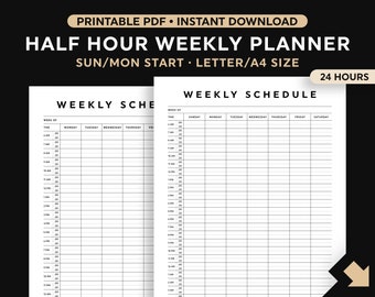Halbe Stunde Wochenplan zum Ausdrucken, Halbe Stunde Tagesplan Vorlage, Tägliche Agenda, Stundenplan, Zeitplaner, Sonntag / Montag Start