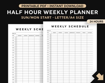 Half Hour Weekly Schedule Printable, Half Hour Daily Schedule Template, Daily Agenda, Hourly Schedule, Time Planner, Sunday/Monday Start