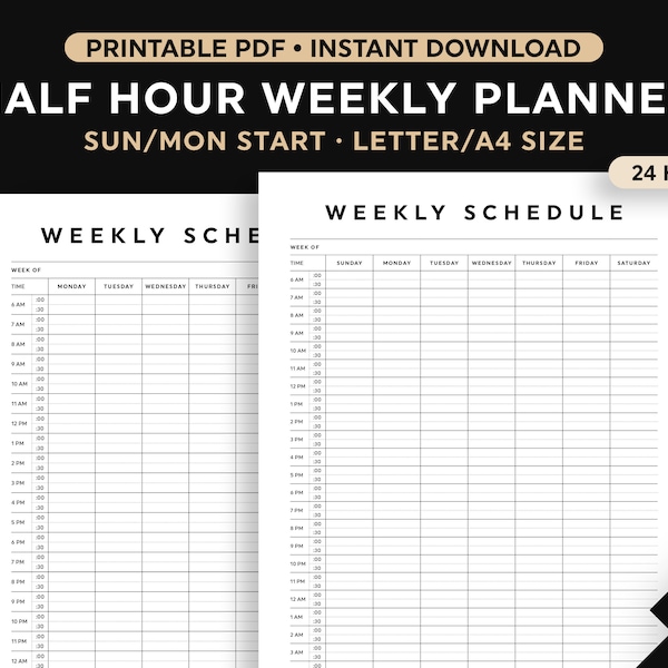 Half Hour Weekly Schedule Printable, Half Hour Daily Schedule Template, Daily Agenda, Hourly Schedule, Time Planner, Sunday/Monday Start