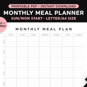 Monthly Meal Planner, Meal Planner Printable, Monthly Menu Planner, Sunday/Monday Start, Landscape, Instant Download