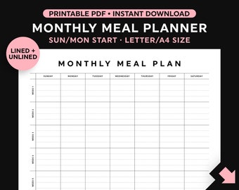 Monthly Meal Planner, Meal Planner Printable, Monthly Menu Planner, Sunday/Monday Start, Landscape, Instant Download