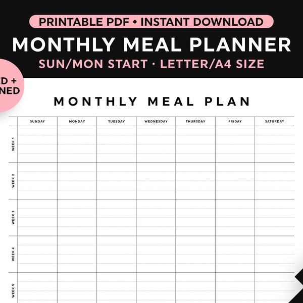 Monthly Meal Planner, Meal Planner Printable, Monthly Menu Planner, Sunday/Monday Start, Landscape, Instant Download