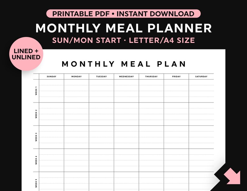 May include: A printable monthly meal planner with a black and white grid layout. The planner is designed for a Sunday/Monday start and is available in letter or A4 size.