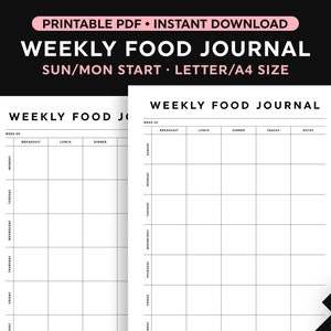 Plantilla de diario de alimentos, diario de alimentos semanal imprimible, inicio de domingo/lunes, retrato, descarga instantánea