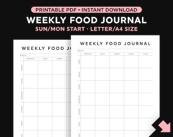 Food Journal Template, Weekly Food Diary Printable, Sunday/Monday Start, Portrait, Instant Download