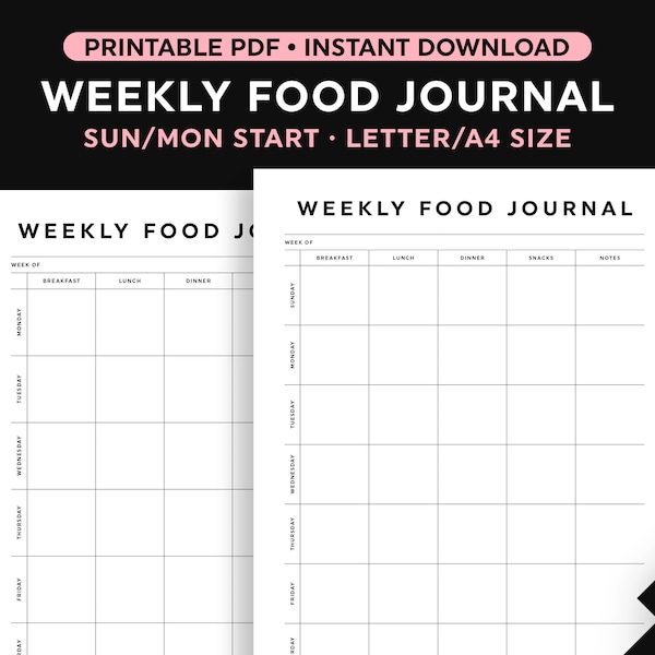 Food Journal Template, Weekly Food Diary Printable, Sunday/Monday Start, Portrait, Instant Download