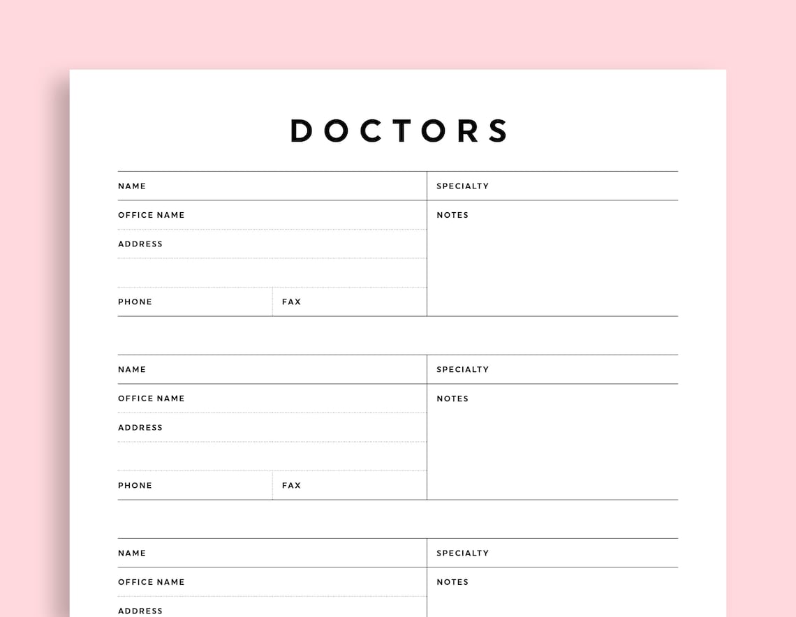 Doctor Printable Doctors Contact List Doctor Info Printable Etsy France