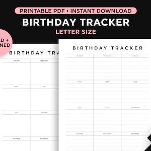 Birthday Tracker Printable, Yearly Birthday Printable, Birthday Tracker Template, Letter Size PDF, Instant Download
