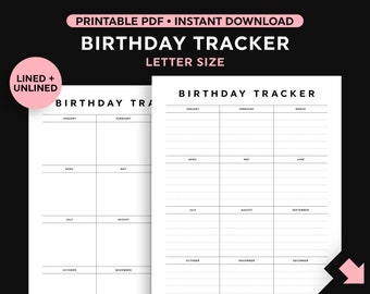 Birthday Tracker Printable, Yearly Birthday Printable, Birthday Tracker Template, Letter Size PDF, Instant Download