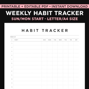 Weekly Habit Tracker Printable, Editable Fillable Weekly Habit Tracker, Letter/A4 Size