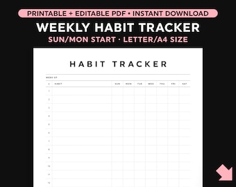 Weekly Habit Tracker Printable, Editable Fillable Weekly Habit Tracker, Letter/A4 Size