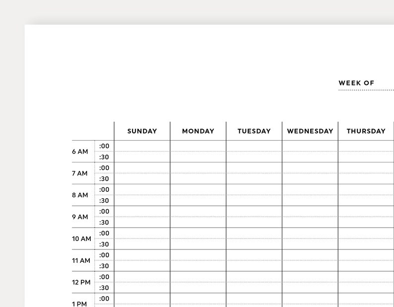 Half Hour Weekly Schedule Printable Half Hour Daily Schedule Etsy