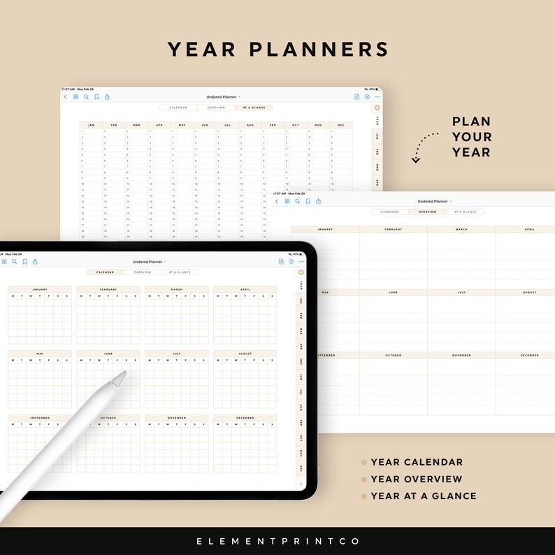 K&ouml;nnte beinhalten: Drei digitale Planer auf einem Tablet-Bildschirm. Die Planer sind f&uuml;r ein Jahr und beinhalten einen Kalender, eine &Uuml;bersicht und eine Jahres&uuml;bersicht. Der Text "PLAN YOUR YEAR" befindet sich auf der rechten Seite des Bildes.