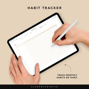 K&ouml;nnte beinhalten: Ein digitales Tablet mit einem wei&szlig;en Stift, das einen Habit-Tracker f&uuml;r den Monat Mai anzeigt. Der Tracker hat ein Rasterlayout mit Feldern f&uuml;r jeden Tag des Monats. Der Text "HABIT TRACKER" befindet sich oben auf dem Bildschirm. Der Text "TRACK MONTHLY HABITS OR TASKS" befindet sich unterhalb des Tablets.