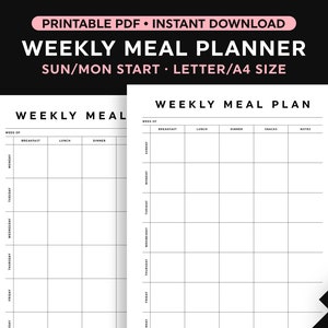 Meal Planner Template, Weekly Meal Plan Printable, Sunday/Monday Start, Portrait, Instant Download