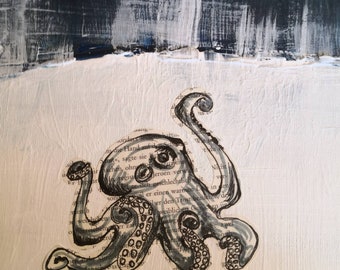 Design octupus painting. Handmade wall decoration, canvas. Upcycling books. Octopus, octopus, art collage small canvas. Picture, wall decoration.