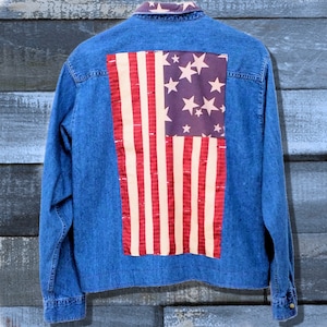 Art-ified No. 6 American Flag denim shirt jacket hand embellished embroidered silk women&#39;s size M-L art to wear folk art festival style