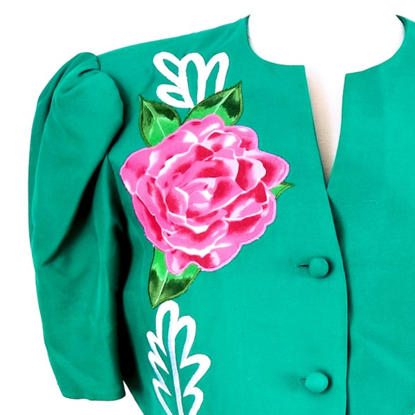 Vintage Anne Crimmins for Umi Collections Embroidered Silk Jacket Designer 80s Style Emerald Green Floral Women's 14-16 XL