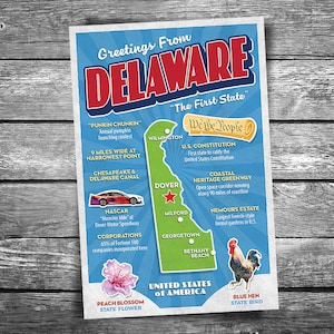 May include: A vintage-style postcard featuring a map of Delaware, with the text "Greetings From Delaware" in red and blue. The postcard highlights state facts, including the state flower, bird, and notable locations.