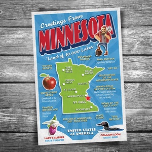 May include: A vintage-style postcard with a blue background and a map of Minnesota. The postcard features illustrations of the state's landmarks, including Paul Bunyan, the state flower, and the common loon. Text includes "Greetings From Minnesota" and "Land of 10,000 Lakes."