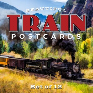 May include: A set of 12 postcards featuring a steam locomotive labeled Durango & Silverton 486, emitting thick black smoke while traveling through a forest. The text BEAUTIFUL TRAIN POSTCARDS and Set of 12 is printed over the illustration.
