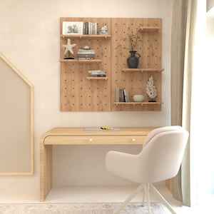 無垢オーク材ペグボードオーガナイザー、ホームオフィスデスクシェルフ、無垢材ペグボード、無垢材フローティングシェルフ、ペグボードシェルフ-skadis