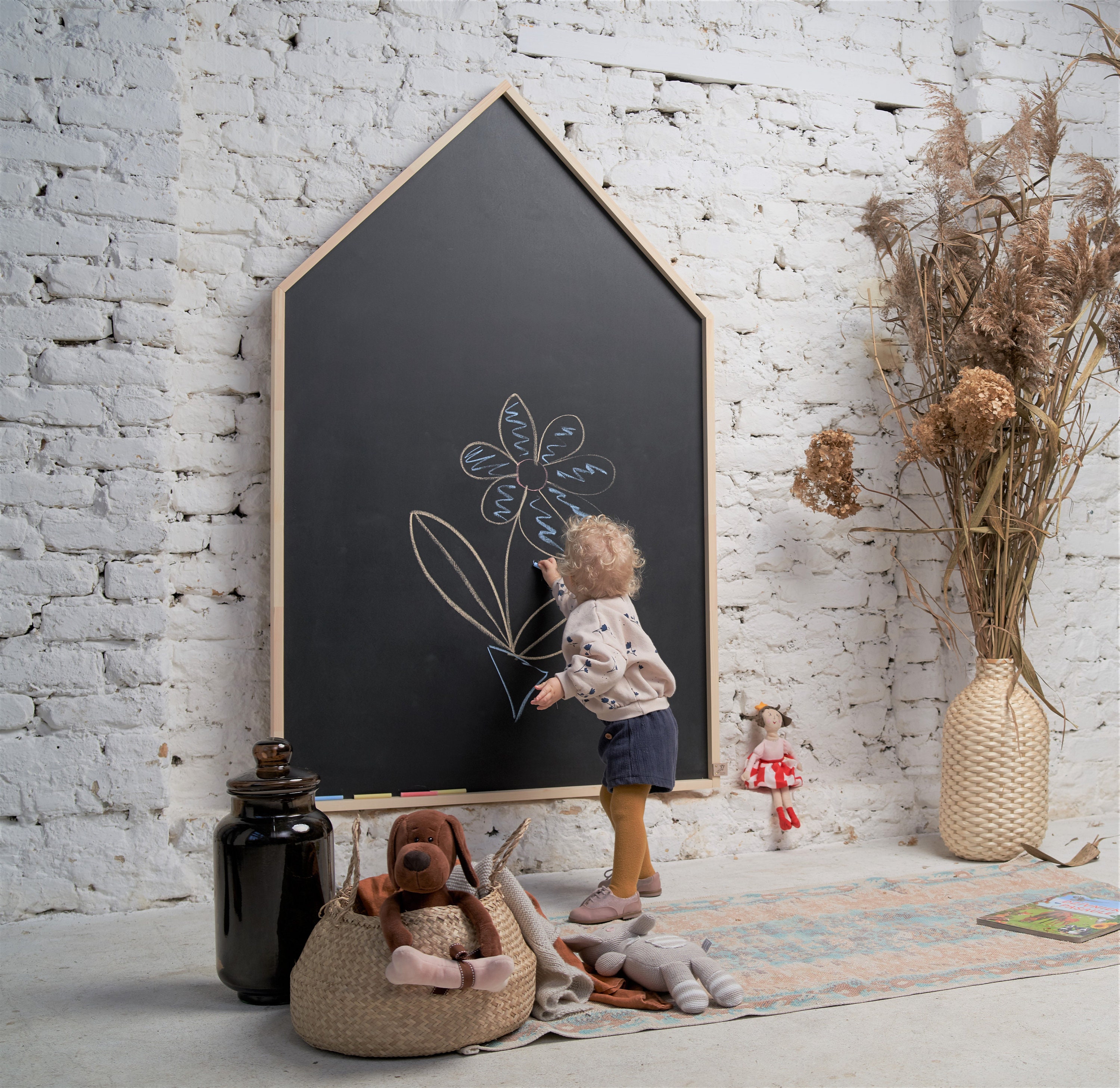 Tableau Xxl Magnétique, 100X160cm/39X62, Maison Au Tableau Noir avec Cadre en Bois, Montessori, Acti