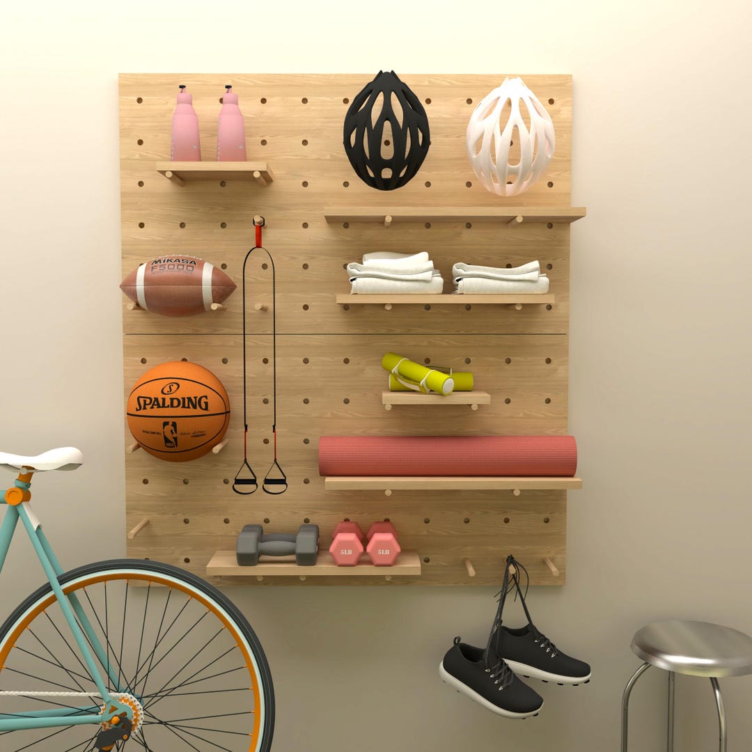 Wood Pegboard Wall Organizer Shelves for Home Fitness, Gym Tools - Etsy