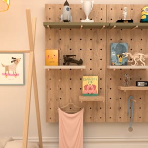 Wood Pegboard with pegs, from strong and solid ash wood, peg board, wood shelf organizer, retail shelves, wall mounted shelving for kids