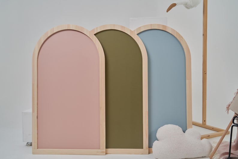 Arch magnetic chalkboard for kids with natural pine wood frame in pink, sage green and blue colors