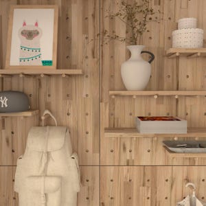 オーク材ペグボードウォールオーガナイザー – 家庭、キッチン、オフィスに最適なモジュラーシェルフ