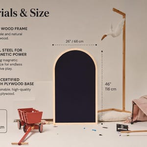 Arch magnetic chalkboard dimensions 26 x 46 inches, pine wood frame, steel magnetic core and FSC certified birch plywood