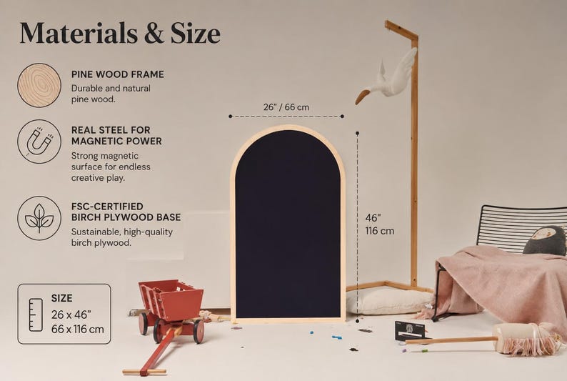 Arch magnetic chalkboard dimensions 26 x 46 inches, pine wood frame, steel magnetic core and FSC certified birch plywood