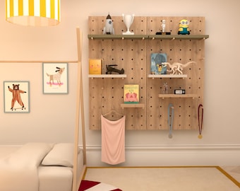 Ash wood Pegboard with pegs, from strong and solid ash wood, peg board, wood shelf organizer, retail shelves, wall mounted shelving for kids