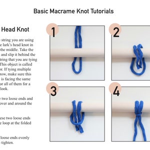 May include: A step-by-step guide on how to tie a lark's head knot using blue string. The instructions are numbered 1 through 4 and show the knot being tied around a white dowel rod.