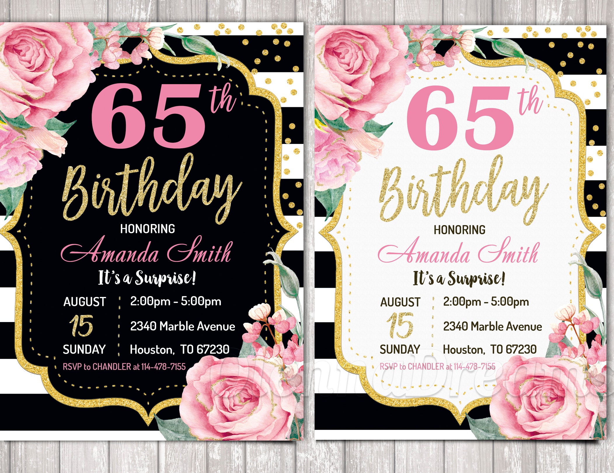 65th Birthday Invitations Pink Golg Invitations Rose Gold | Etsy