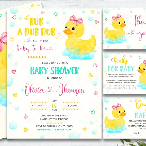 Printable Rubber Duck Baby Shower Invitations, Rubber Ducky Baby Shower Invitation, Rub A Dub Dub Baby Shower, Diaper Raffle, Books For Baby