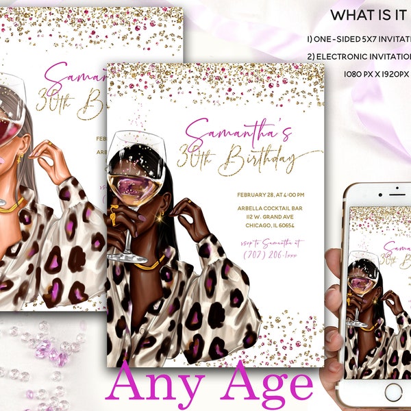 Birthday 30th Party Invite, African American Woman Birthday Invitations, White Purple Gold Birthday Themes 40th Birthday Party, Any Age