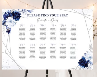 Printed Royal Blue and Silver Seating Chart Foam Board, Royal Blue Wedding Seating Chart Foam Board, Blue White  Wedding Seating Chart