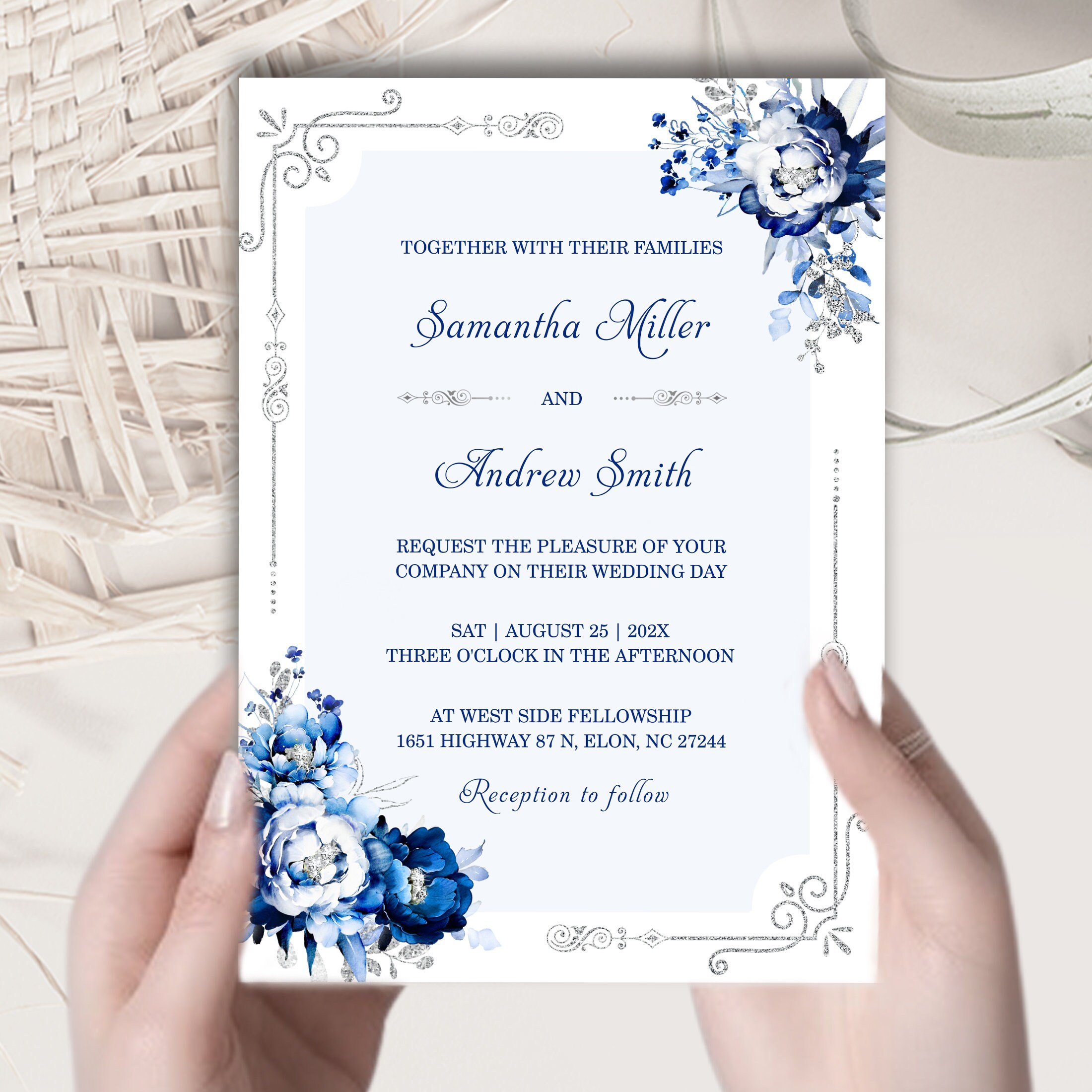 Royal Blue Silver Wedding Invitation Template, Blue and White Wedding