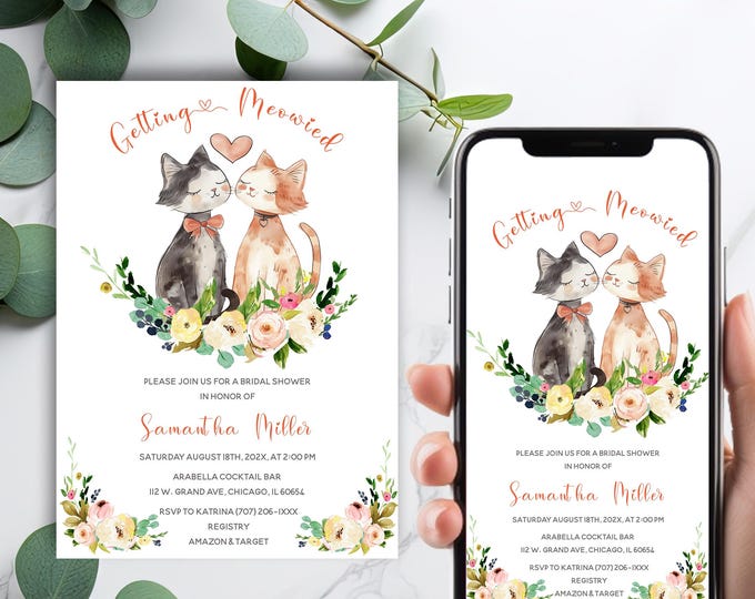 Whimsical Cat Bridal Shower Invite, Cat Getting Meowied Invitation ...