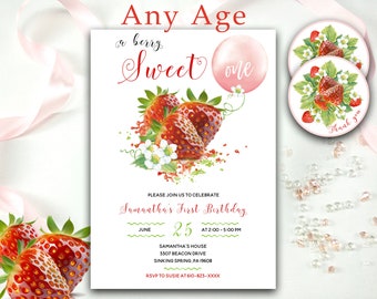 Strawberry First Birthday Invitation, Editable Strawberry Birthday, Berry Sweet Strawberry Party Girl First Birthday Pink Green Floral