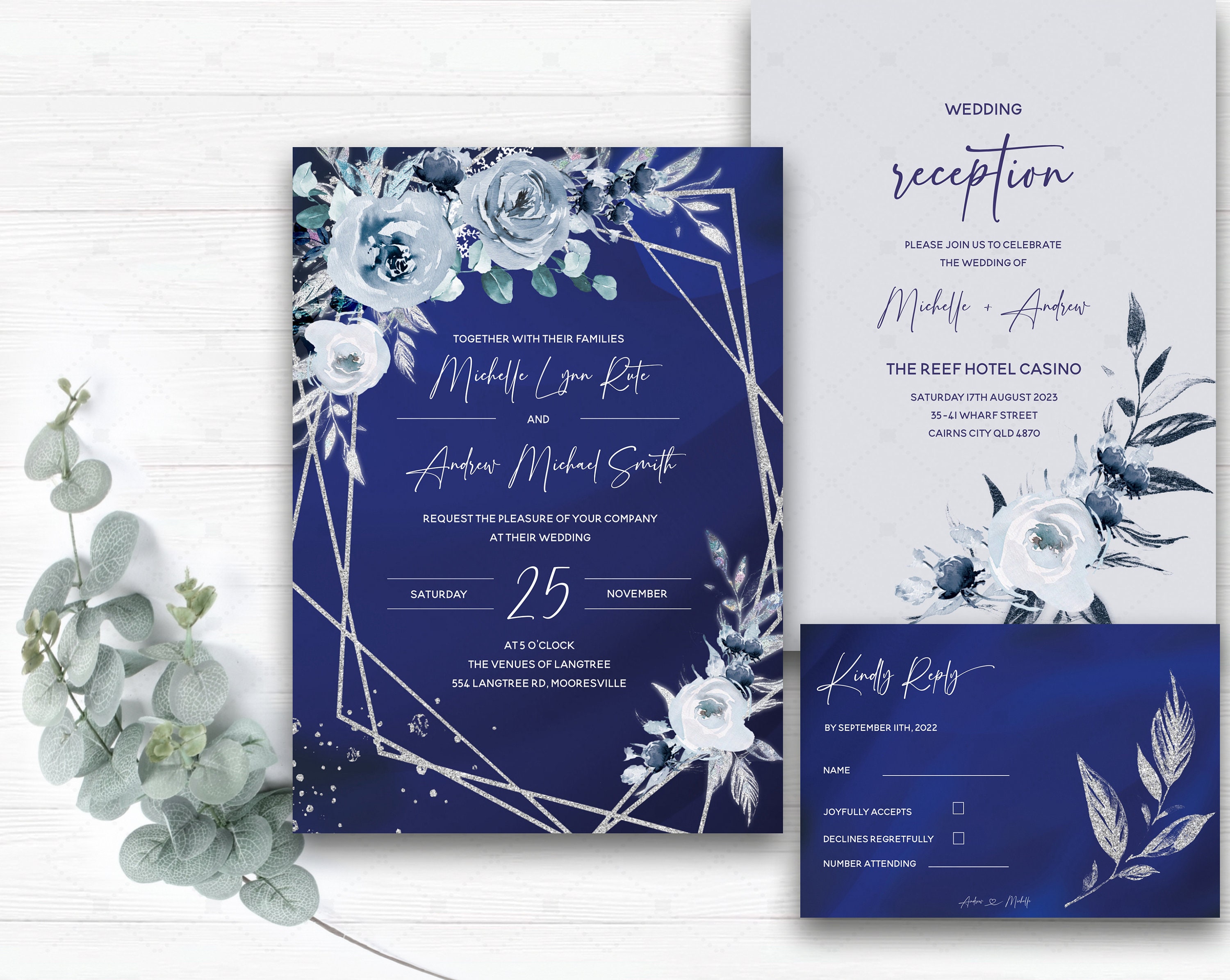 Royal Blue Wedding Invitation Template, Blue and White Wedding