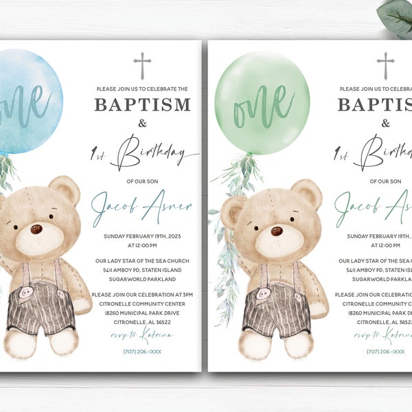 Baptism and First Birthday Invitation Boy, Editable Baby Boy First Birthday and Baptism Invitation, Christening and 1st birthday invite Boy