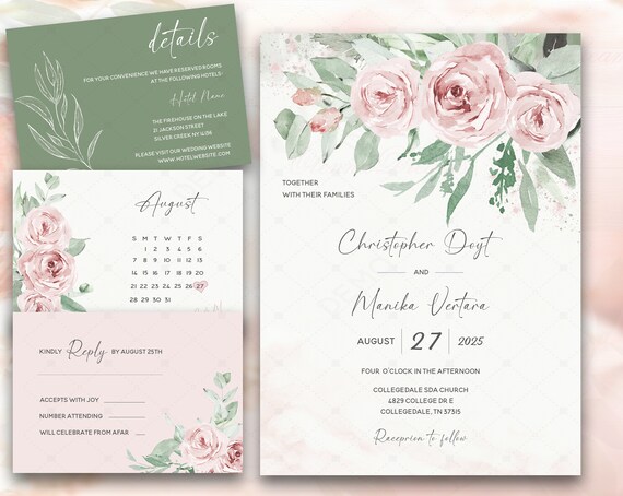 Dusty Rose and Sage Green Wedding Invitation Set Dusty Rose and Sage Green Wedding Decorations Dusty Rose and Sage Green Wedding Template Etsy