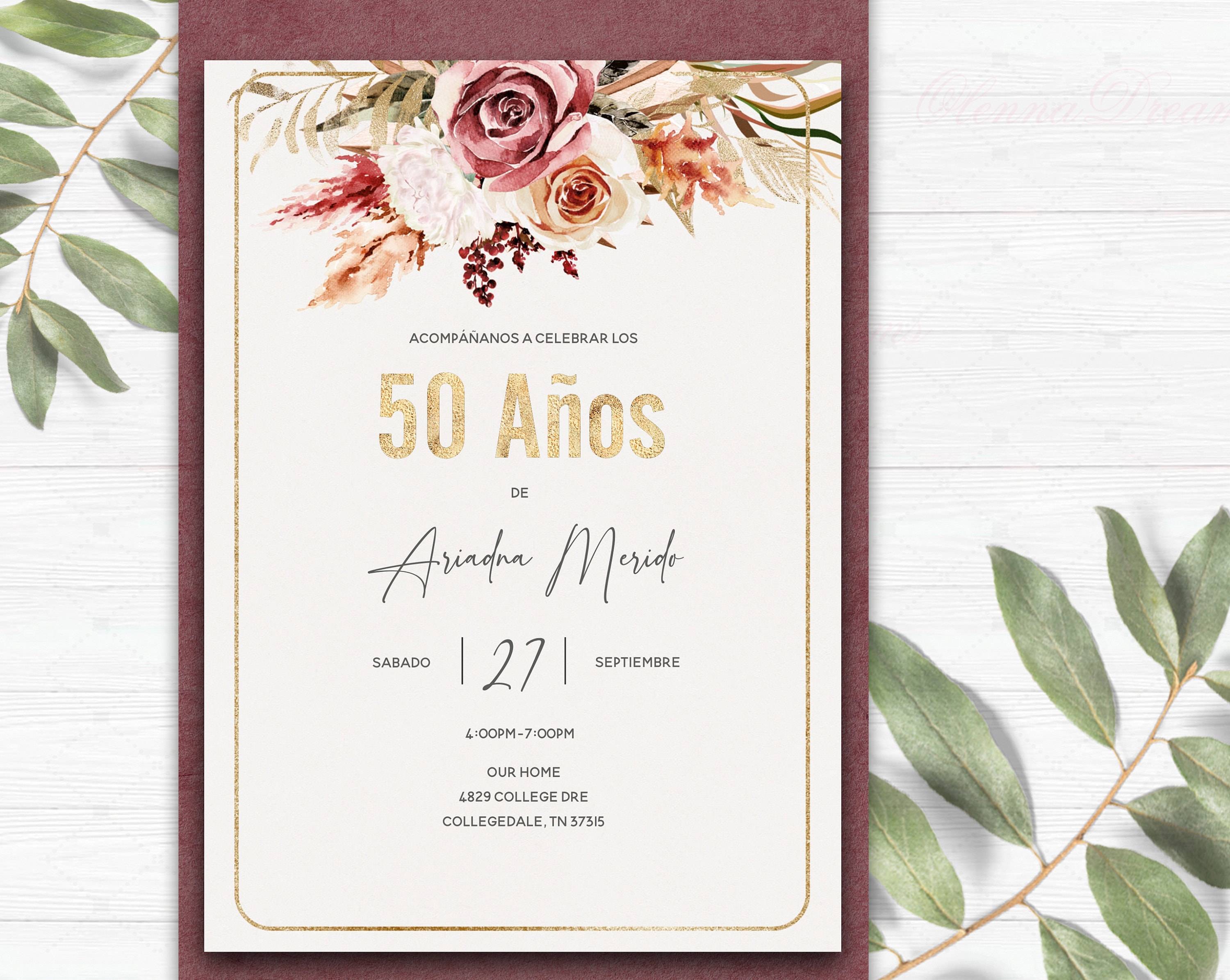 Invitación De 50 Años Mujer, SPANISH 50th Birthday Invitation, 50 Años  Cumpleaños Adulto Mujer, Invitaciones De Oro Rojo, ANY AGE 